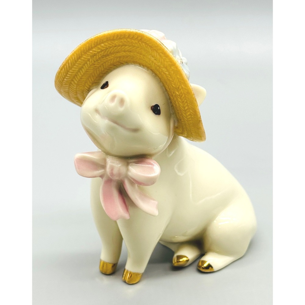 Lenox Sadie Sunday Best Pig Figurine 24K Gold Trim Straw Hat Pink Bow
